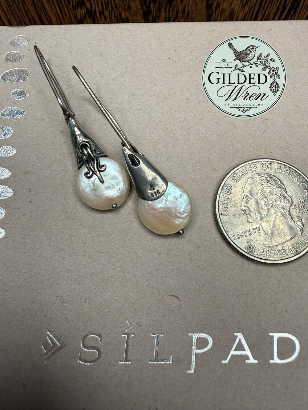 Silpada W1269 Sterling Silver Coin Pearl Dangle Earrings Retired HTF 925